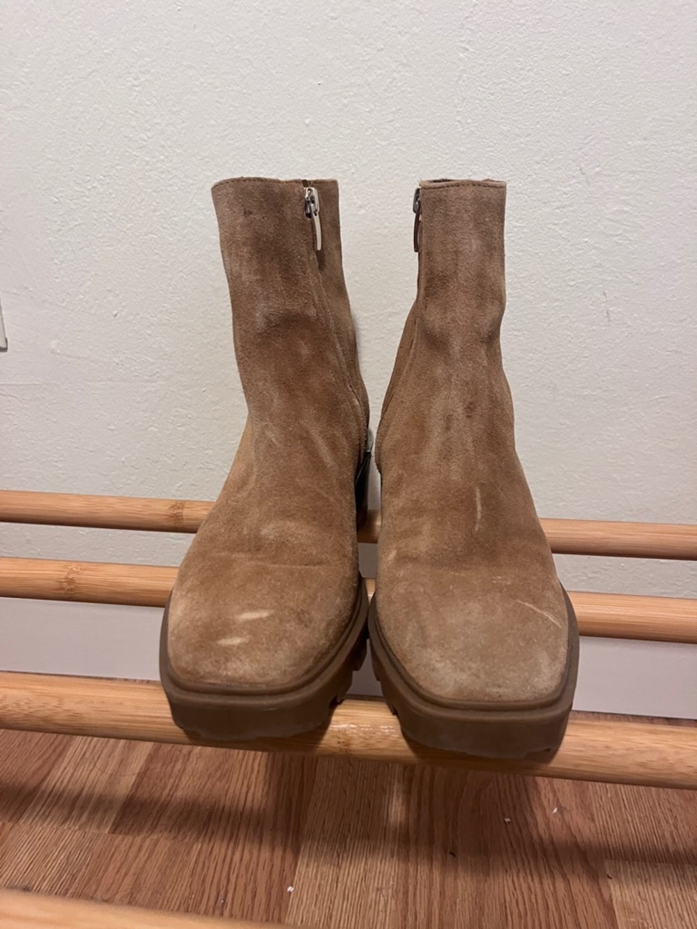 Nine West Women's Tan Suede Zip Ankle Boots, chunky sole boot, gold detail